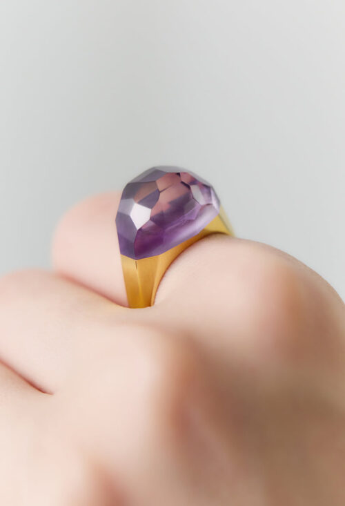 Amethyst Mini Rock Ring / Faceted Round / Yellow